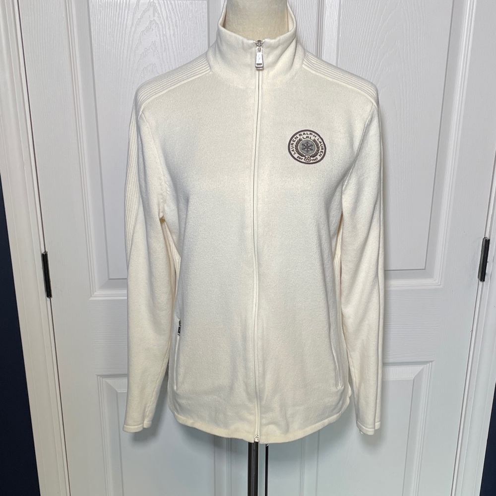 Lauren Ralph Lauren Cream Front Zip Sweater Jacket Mock Neck Size XL